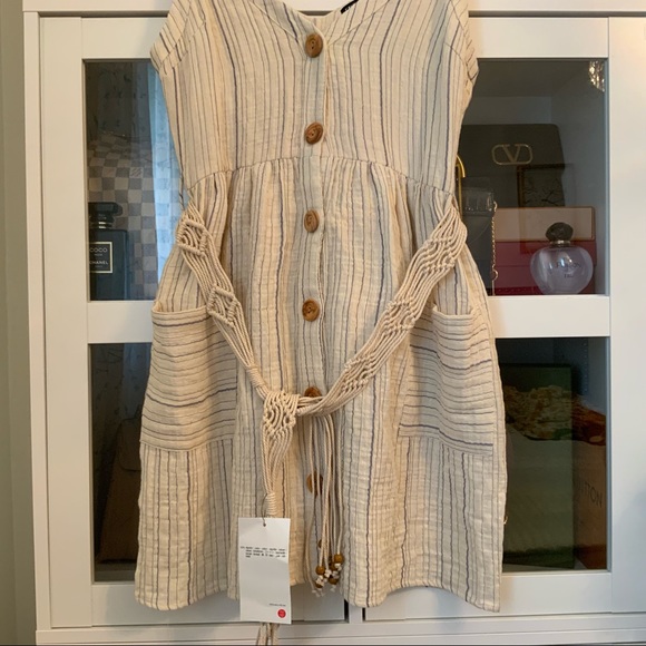 Zara Macrame Belted Striped Dress Cotton Size XS - Picture 4 of 9